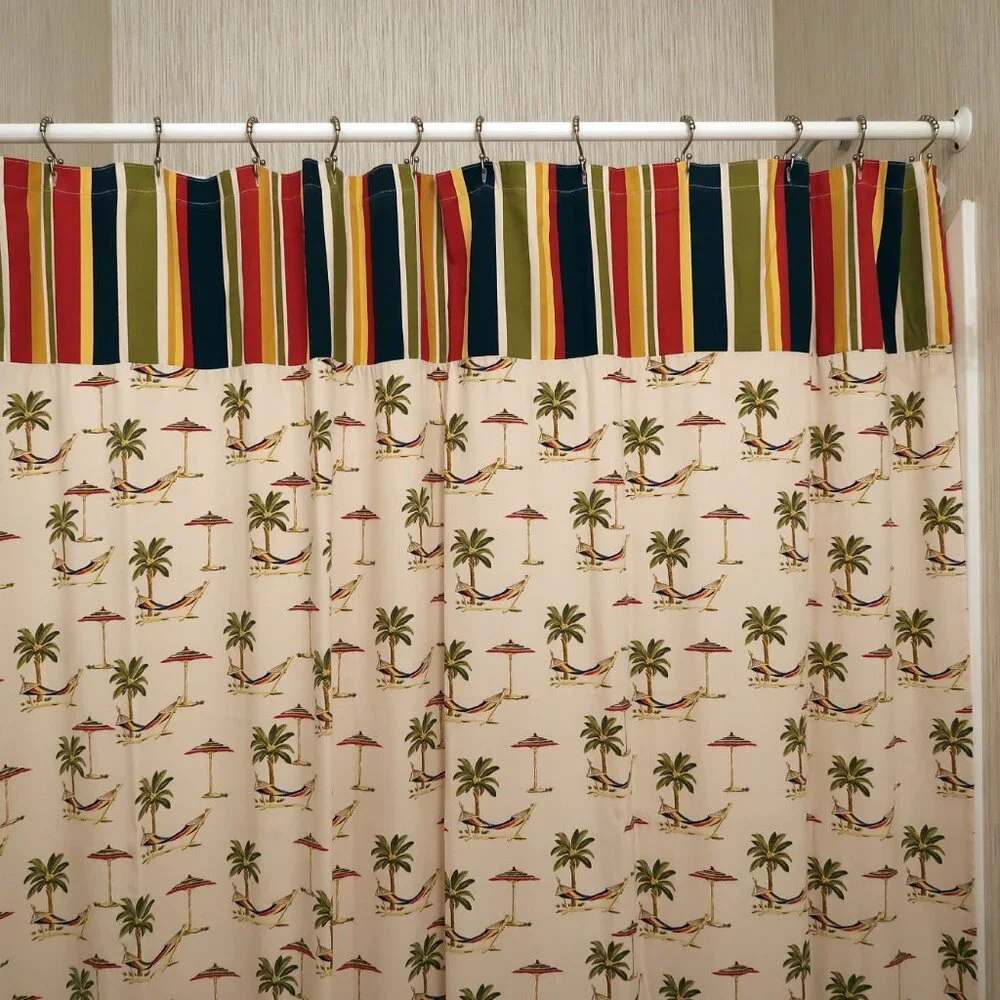 Beach Umbrellas & Palm Trees Striped Border Fabric Shower Curtain